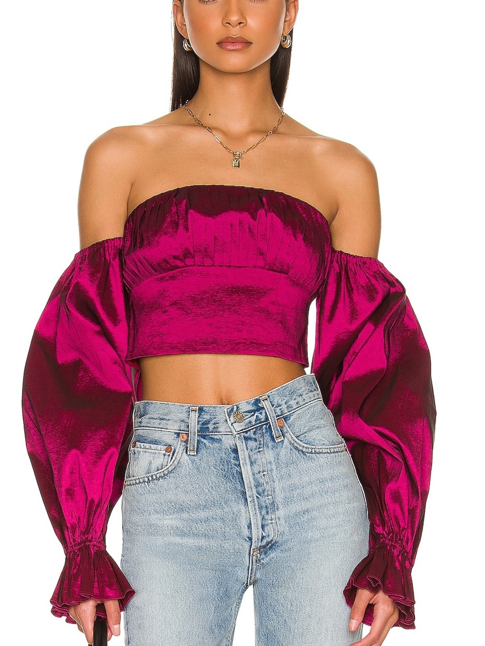 Lovers + Friends Off-the-Shoulder Satin Crop Top in Fuchsia